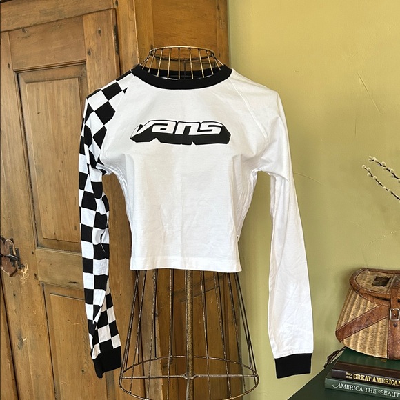 Vans Tops - Vans White Cropped Long Sleeve with Black Checker Sleeve